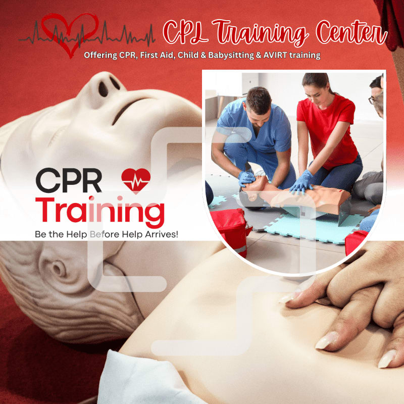 A CPR training dummy occupies the foreground, while the background shows an instructor demonstrating CPR on a manikin to a group of trainees.