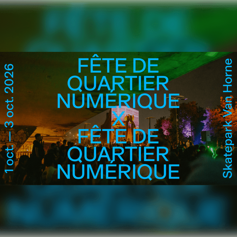 A nighttime festival with bright blue text overlaying a crowd and a building in the background, with dates and location details on the sides.