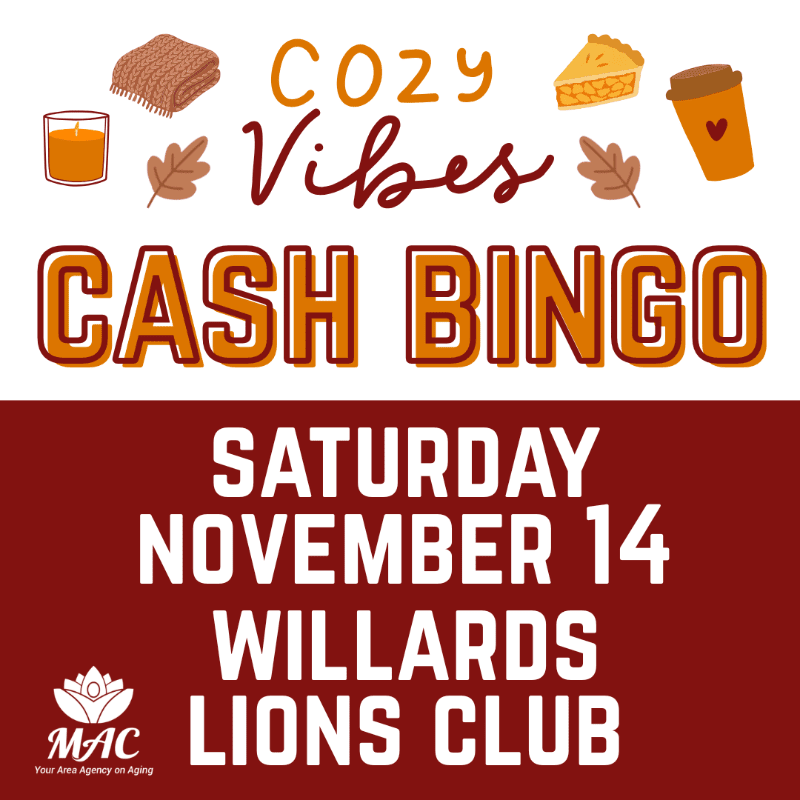 Cozy fall-themed graphics like a pie and a candle are above bold text announcing "CASH BINGO" on a white background, with event details for "SATURDAY NOVEMBER 14 WILLARDS LIONS CLUB" in white text on a dark red background below.