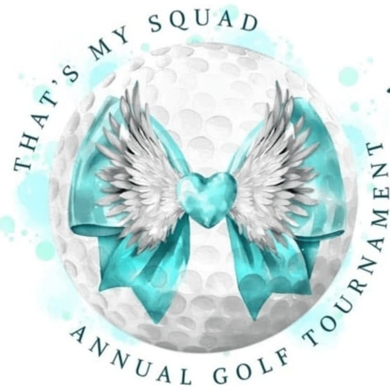 A teal bow with feathered wings and a heart adorns a golf ball in the foreground, set against a watercolor-style background with text that reads "THAT'S MY SQUAD ANNUAL GOLF TOURNAMENT."