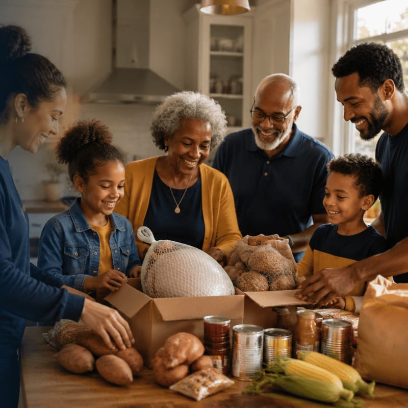 A multi-generational family happily unpacks a box of groceries, including a turkey and vegetables, in a sunlit kitchen.