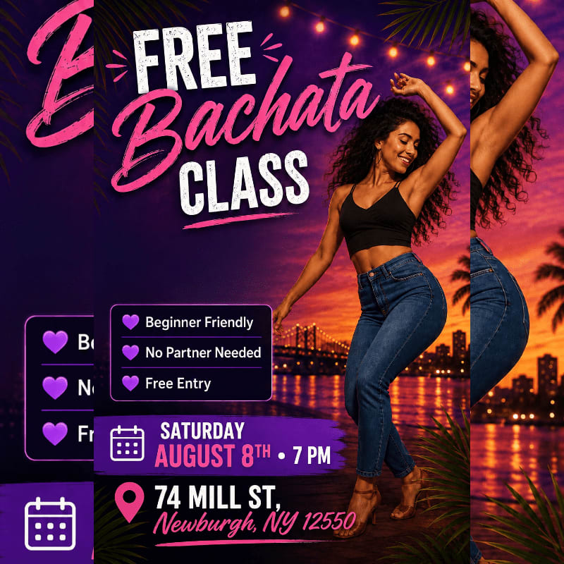 A woman dances bachata in the foreground against a vibrant sunset background with city lights and palm trees.