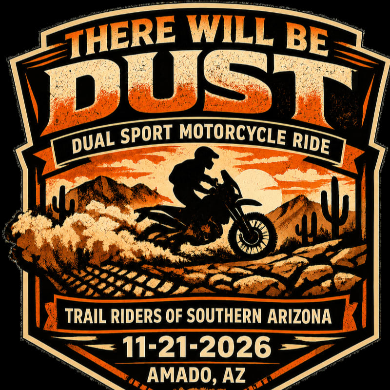 A dual sport motorcycle kicks up dust on a rocky trail in the foreground, with a desert landscape and sunset in the background, all framed by text announcing a ride in Amado, AZ.