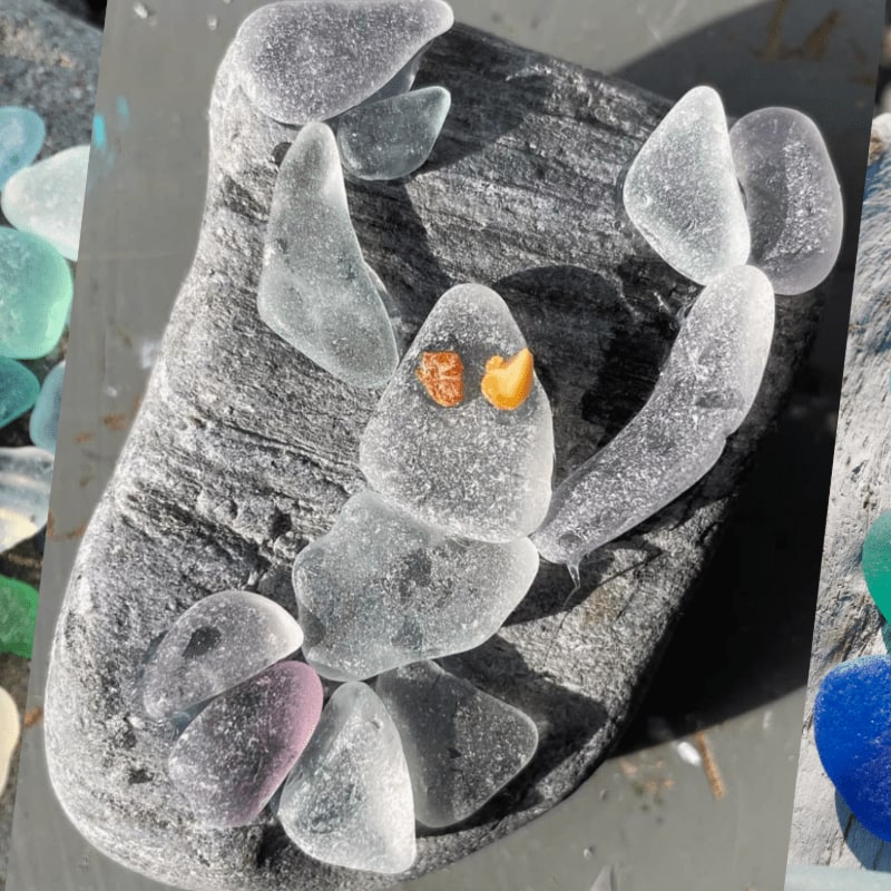 A scorpion crafted from sea glass rests on a dark, textured rock, with a blurred background of colorful sea glass pieces.
