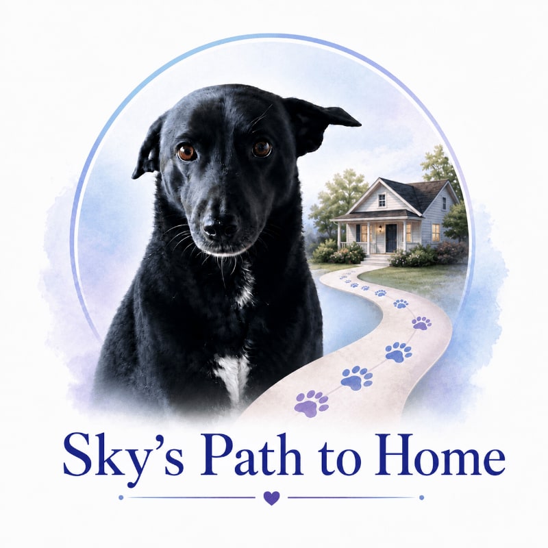 A black dog with a white chest patch sits in the foreground, looking forward, with a winding path of paw prints leading to a house in the background.