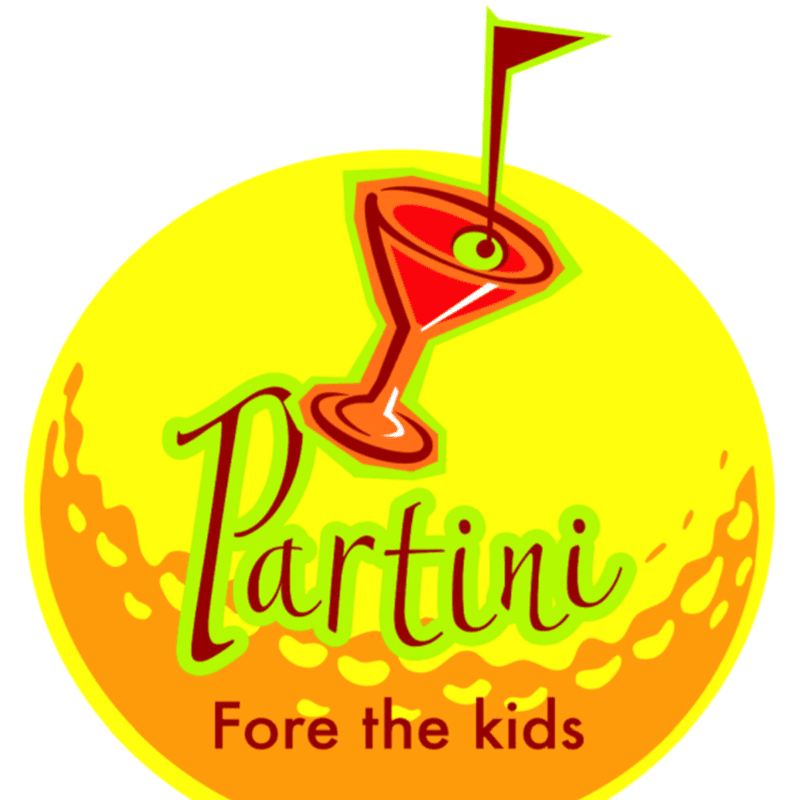 A red martini glass with a golf flag sits atop a yellow circle with a textured orange bottom, below which reads "Partini Fore the kids."