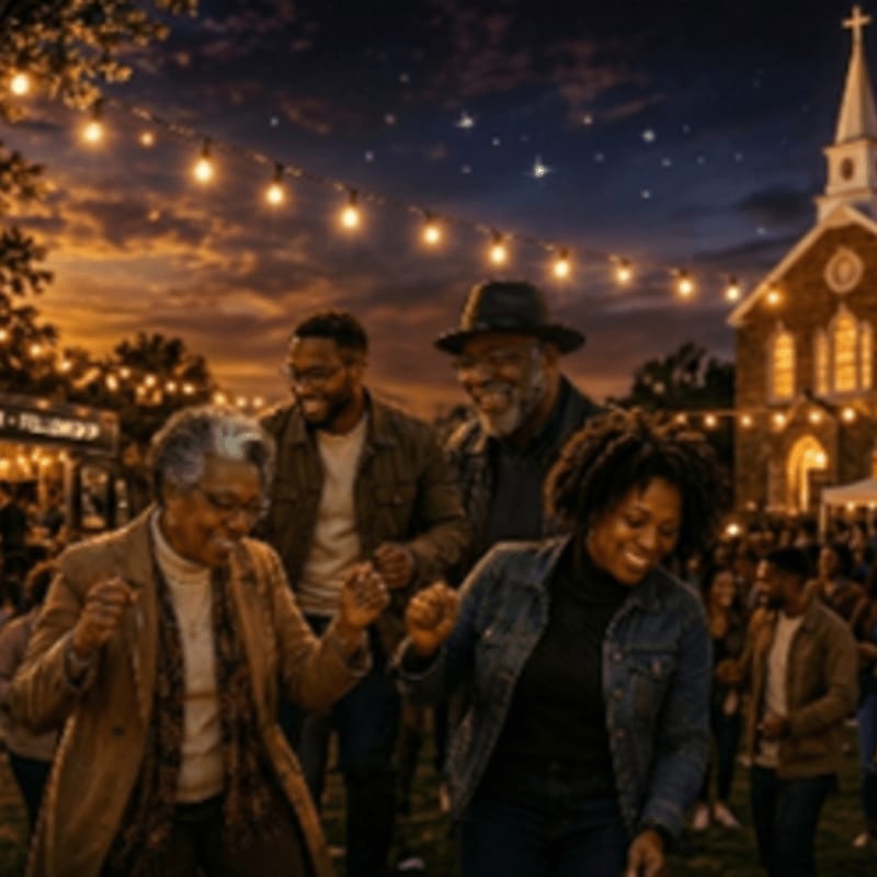 A group of people dance joyfully under string lights in front of a church at dusk.