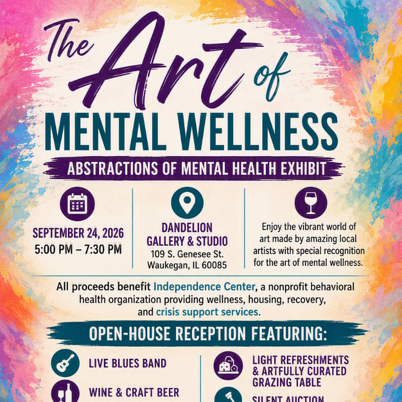 A vibrant, abstract background frames an event poster for "The Art of Mental Wellness" exhibit, detailing date, time, location, and featured attractions.