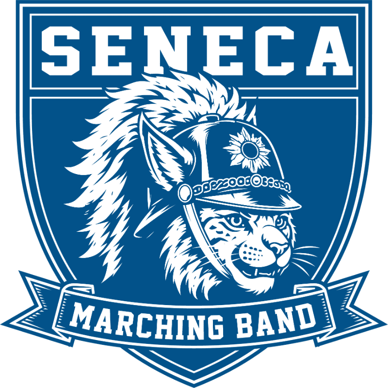A fierce bobcat wearing a helmet and the words "SENECA MARCHING BAND" are displayed on a blue shield.