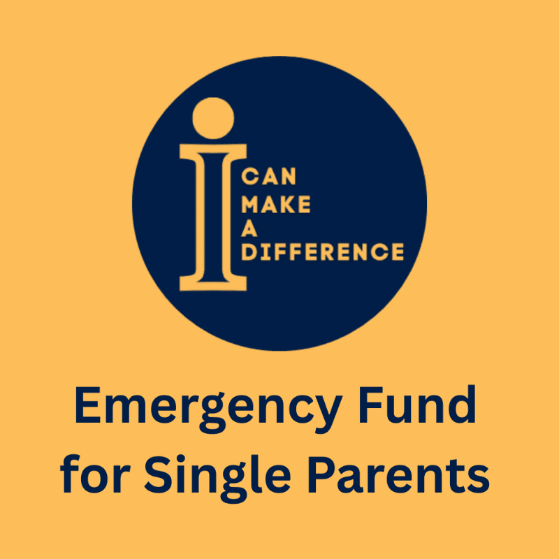 A dark blue circle with an "i" and the words "CAN MAKE A DIFFERENCE" is centered on a warm yellow background, with the text "Emergency Fund for Single Parents" below it.