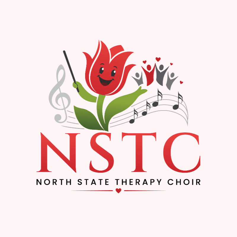 A smiling tulip with a conductor's baton stands in front of musical notes and silhouetted figures, with "NSTC NORTH STATE THERAPY CHOIR" written below.
