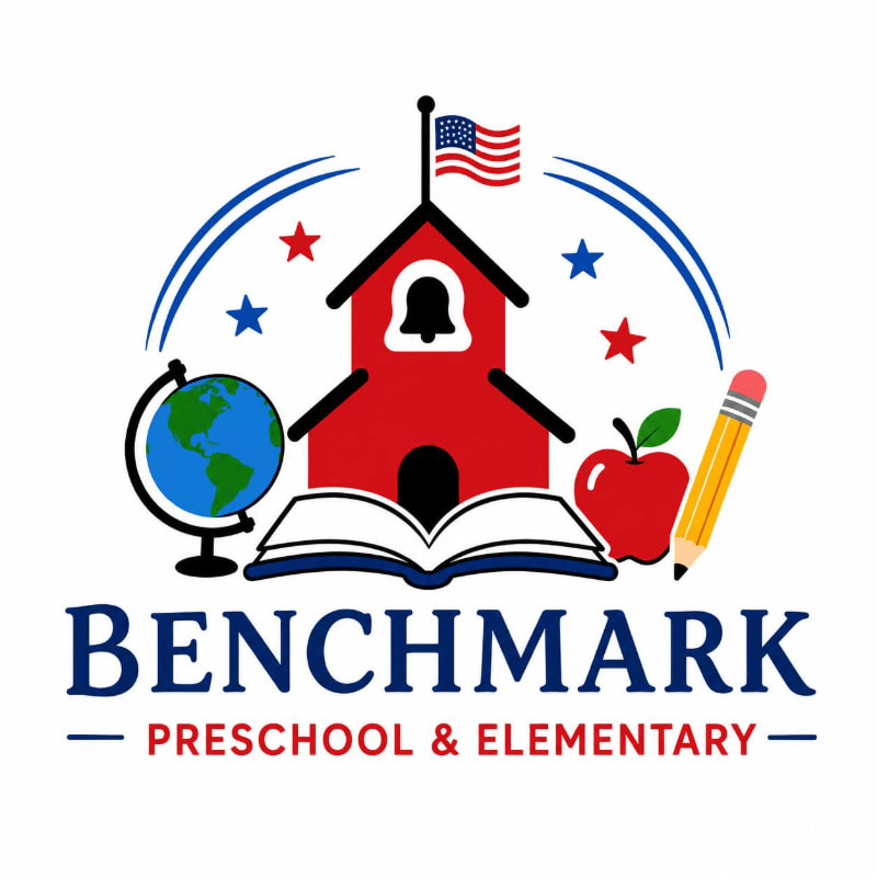 A red schoolhouse with an American flag stands behind an open book, a globe, an apple, and a pencil, all set against a white background with blue and red stars and arcs.