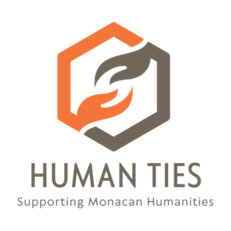 Two hands, one orange and one brown, are clasped within a hexagonal outline in the foreground, with the text "HUMAN TIES" and "Supporting Monacan Humanities" below on a white background.