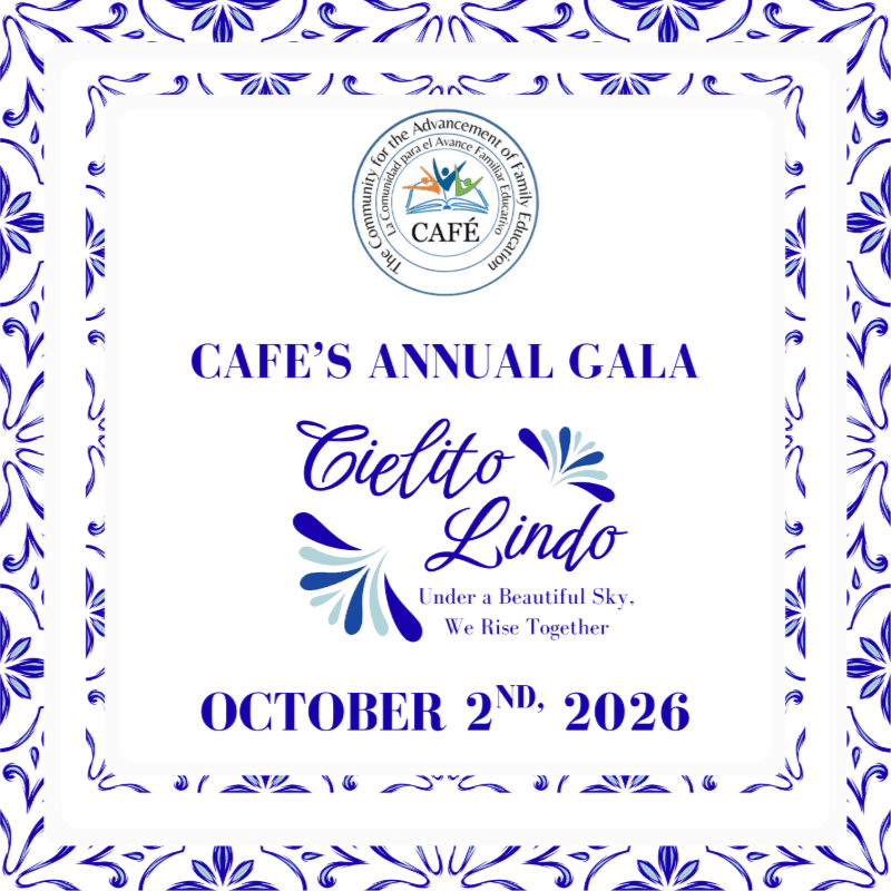 A white square invitation with blue floral borders announces "CAFE'S ANNUAL GALA Cielito Lindo" for October 2nd, 2026, with a logo at the top and decorative elements framing the text.