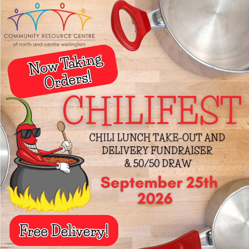 A cartoon chili pepper stirs a pot of chili next to a "Now Taking Orders!" sign, with pots and a wooden background framing the "CHILIFEST" event details.
