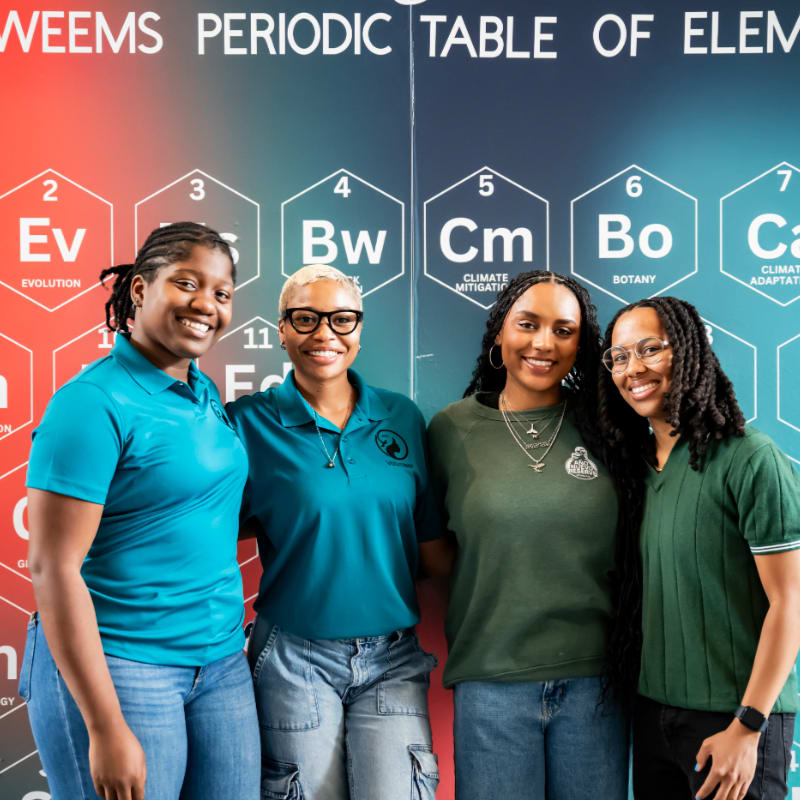 Four women stand smiling in front of a colorful backdrop featuring a periodic table of elements.