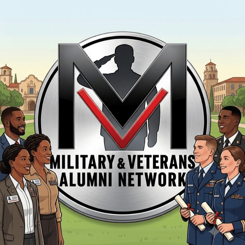 A diverse group of military and veteran alumni stand in front of a large circular logo with a saluting silhouette, set against a backdrop of academic buildings.