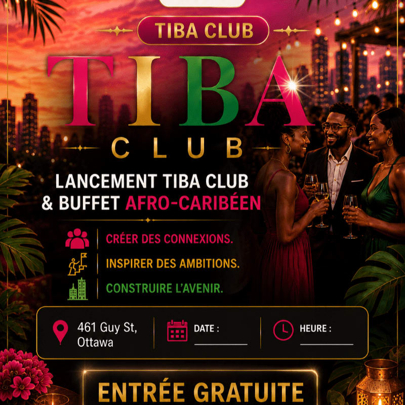 A vibrant invitation for the "TIBA CLUB" launch and Afro-Caribbean buffet features a stylish group of people in the foreground against a backdrop of a city skyline at sunset.