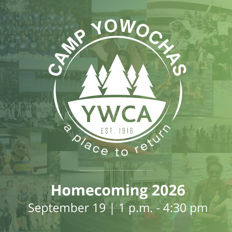 A collage of camp activities forms the background for the "Camp Yowochas Homecoming 2026" announcement in the foreground.