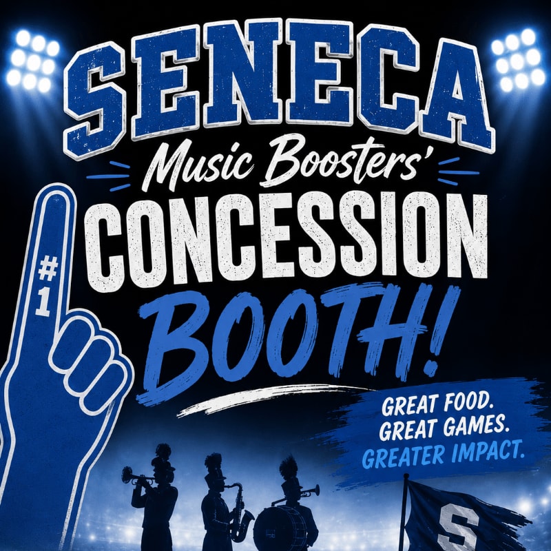 A large blue foam finger and "SENECA Music Boosters' CONCESSION BOOTH!" text dominate the foreground, while a silhouetted marching band and a flag with an "S" are visible in the background under bright stadium lights.