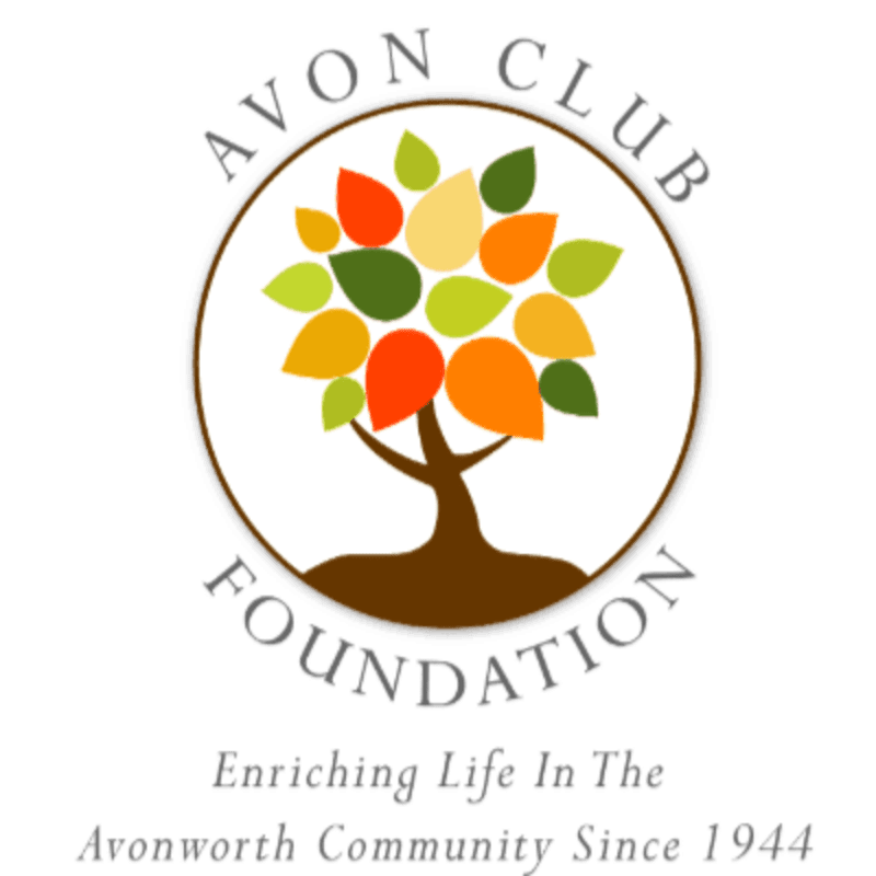A stylized tree with colorful leaves stands within a circular emblem that reads "AVON CLUB FOUNDATION," set against a white background with the tagline "Enriching Life In The Avonworth Community Since 1944" below.