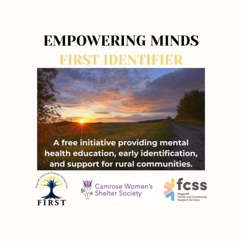 A serene sunset over a rural landscape is overlaid with text about "Empowering Minds First Identifier," a mental health initiative, and logos of supporting organizations.