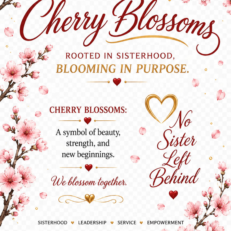 Pink cherry blossoms frame text about sisterhood, purpose, beauty, strength, new beginnings, and empowerment.