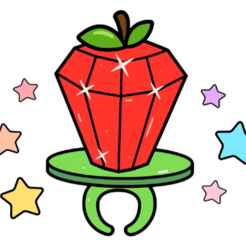A large, faceted red apple-shaped candy ring with a green base sits in the foreground, surrounded by colorful stars in the background.