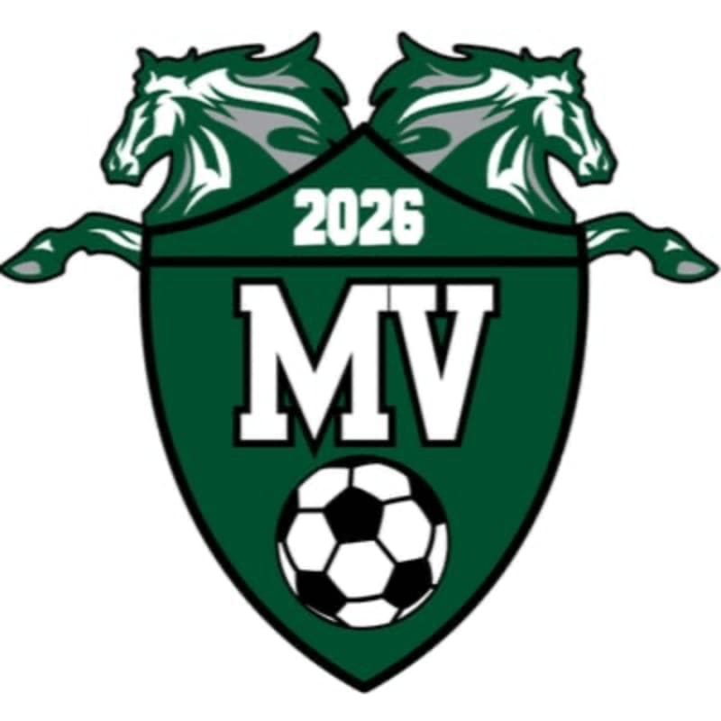 Two green horses with flowing manes flank a dark green shield with "2026 MV" and a soccer ball on a white background.
