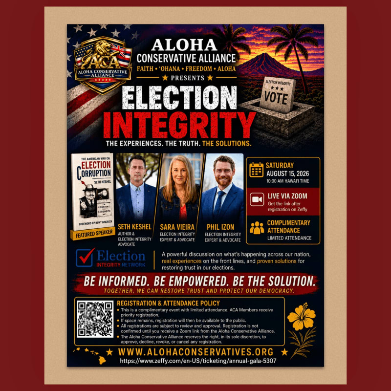 A poster for an "Election Integrity" event features three speakers in the foreground against a background of a ballot box and a sunset over mountains.