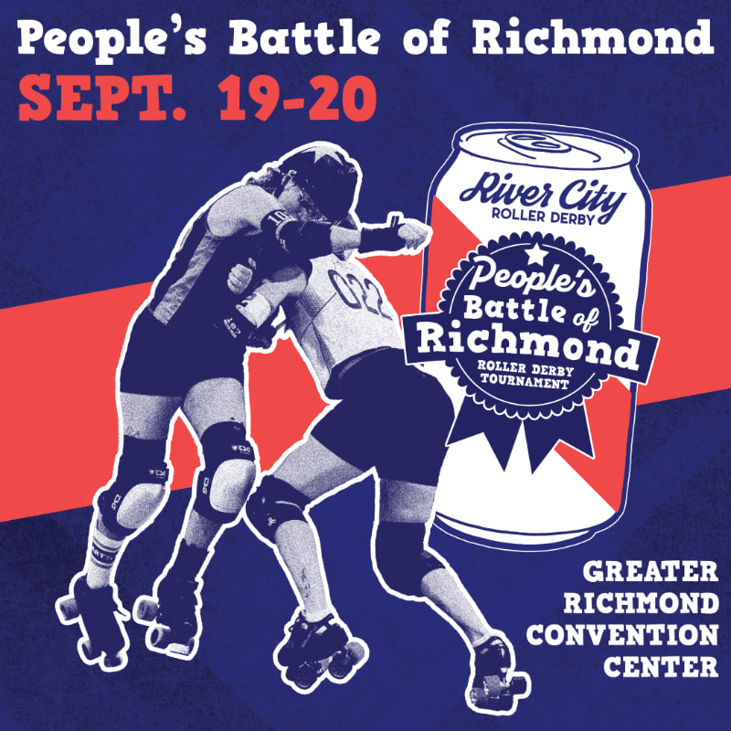 Two roller derby skaters battle in the foreground against a backdrop of a giant soda can and event details.