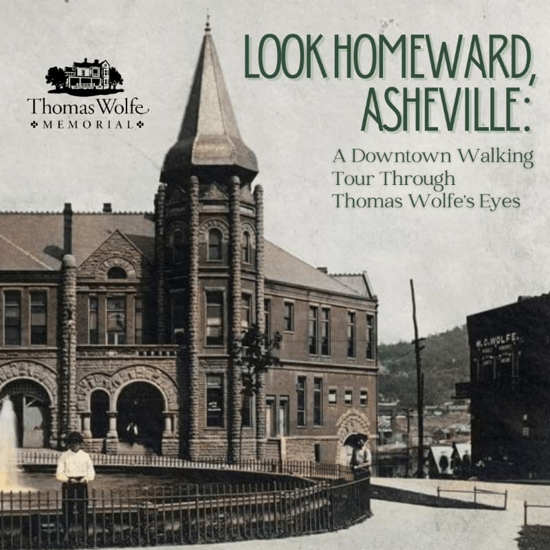 A sepia-toned photograph features a historic building with a prominent spire in the foreground, set against a backdrop of a town and rolling hills.