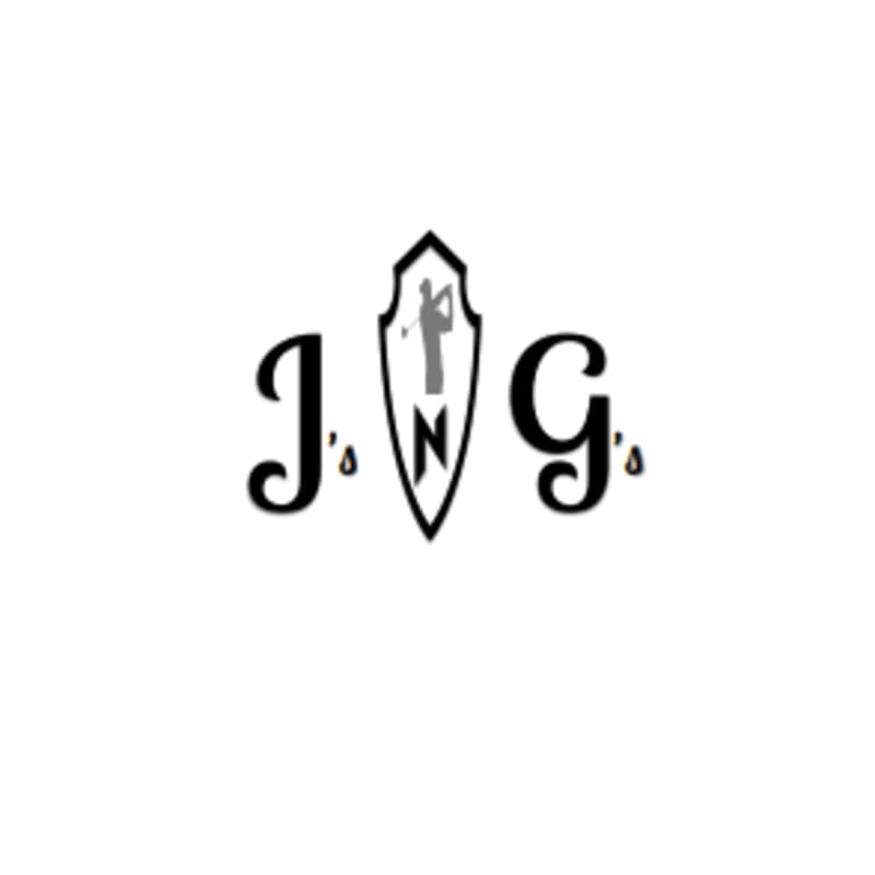 A shield with a golfer silhouette and the letters "J" and "G" flank it on a white background.