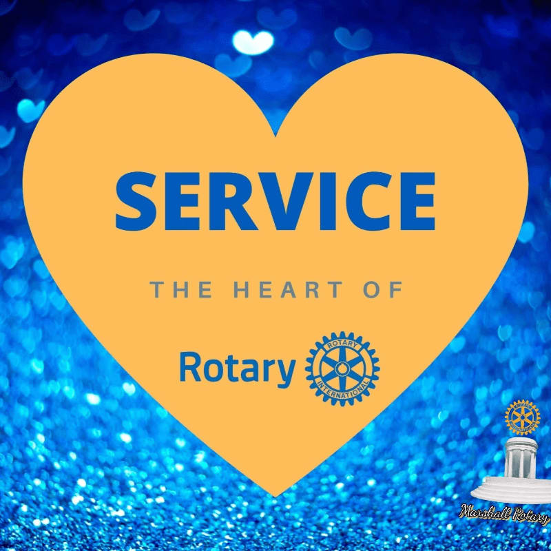 A large yellow heart with the word "SERVICE" and Rotary logo is superimposed on a sparkling blue background with bokeh lights.