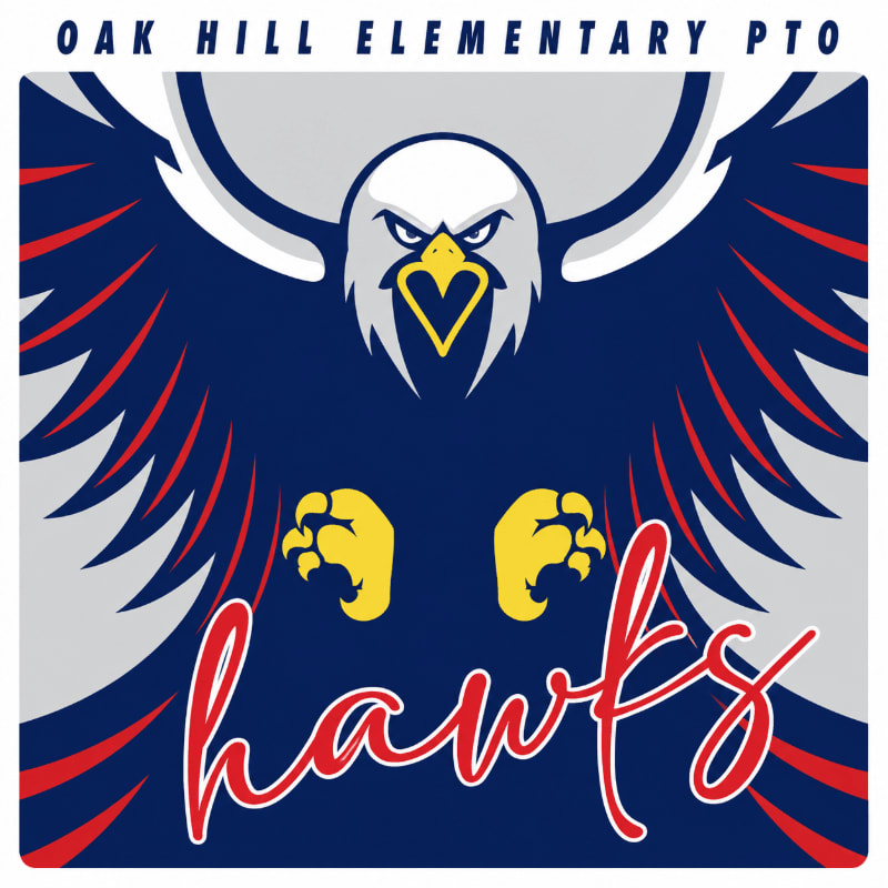 A fierce eagle with outstretched wings and the word "hawks" in cursive dominates the foreground, set against a background of "OAK HILL ELEMENTARY PTO" text.