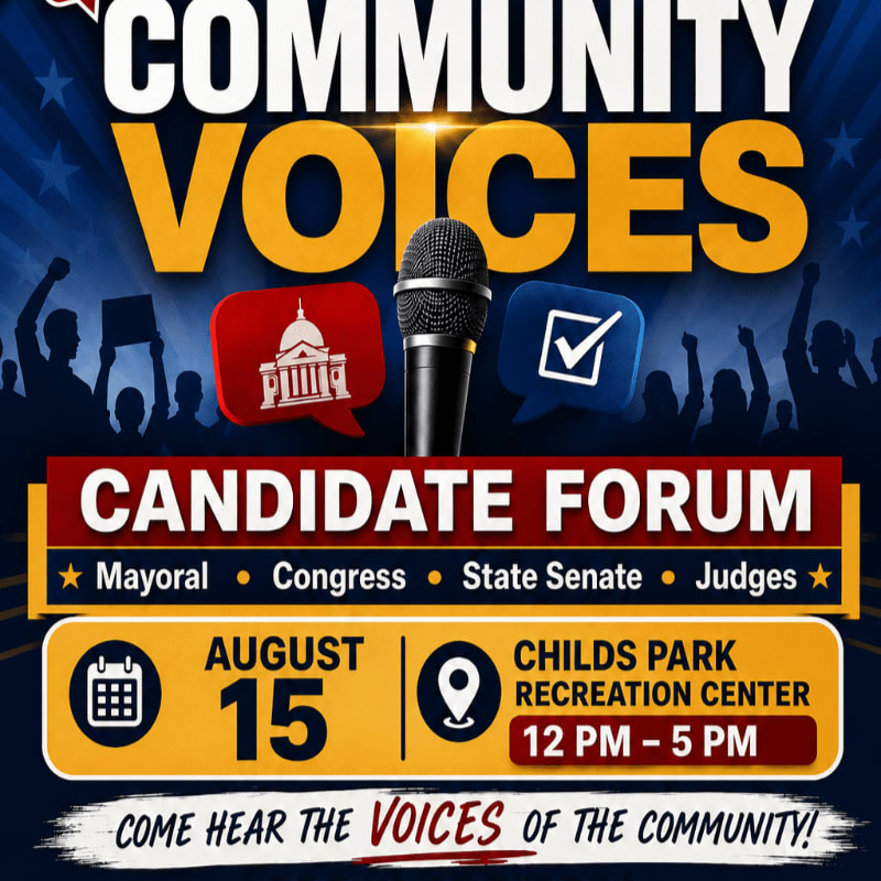 A microphone stands in front of a crowd of silhouetted people holding signs, with text announcing a "Community Voices Candidate Forum" on August 15th at Childs Park Recreation Center.