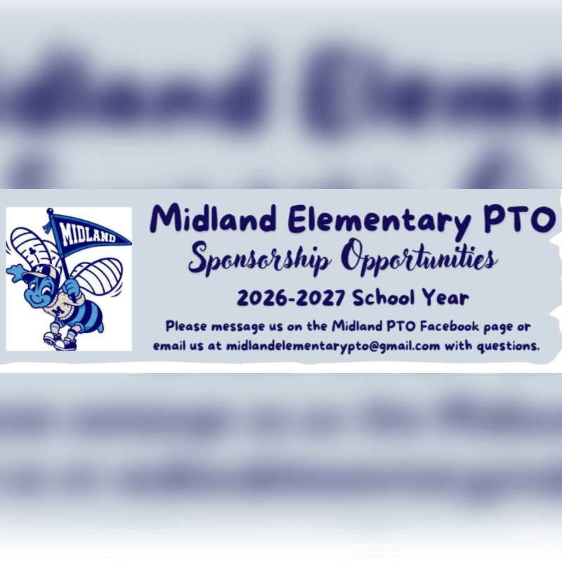 A cartoon bee in the foreground points to text about Midland Elementary PTO sponsorship opportunities for the 2026-2027 school year, set against a blurred blue background.
