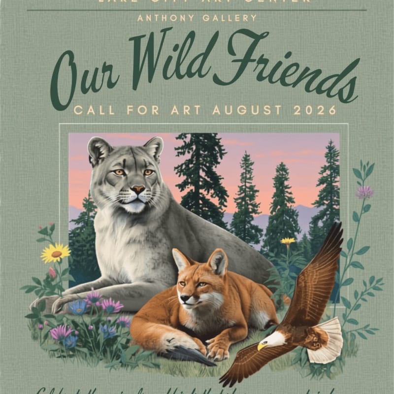 A cougar, fox, and eagle are featured in the foreground with a forest and sunset in the background.