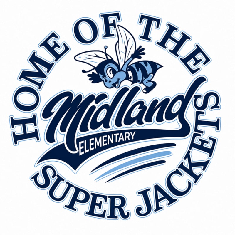 A cartoon bee flies above the words "Midland Elementary Super Jackets" in a circular logo against a white background.