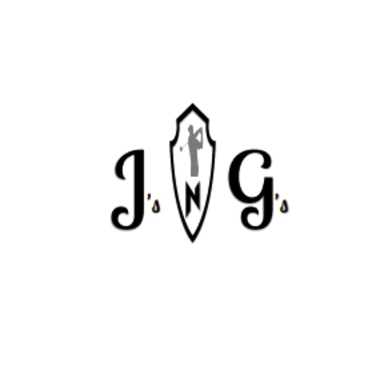 A shield with a golfer silhouette and the letters "J" and "G" flank it on a white background.