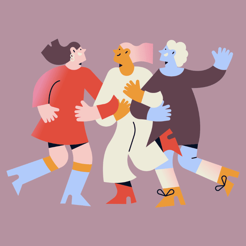 Three stylized women with colorful clothing and boots are dancing together against a muted purple background.