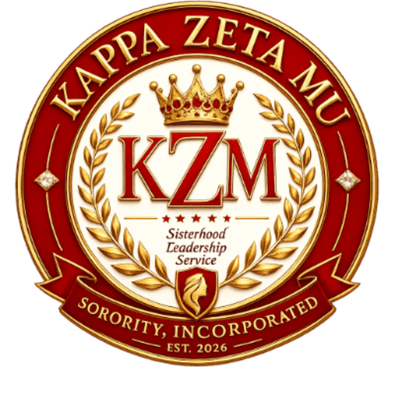 A circular emblem with a gold crown and the letters KZM in the foreground is set against a white background.