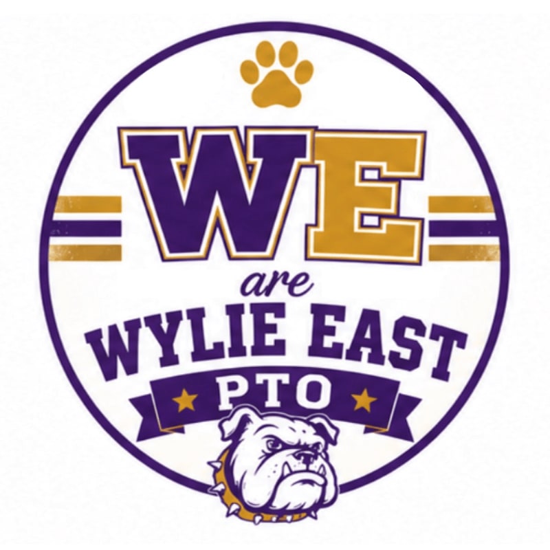 A circular logo with a bulldog in the foreground and the words "WE are WYLIE EAST PTO" in the background.