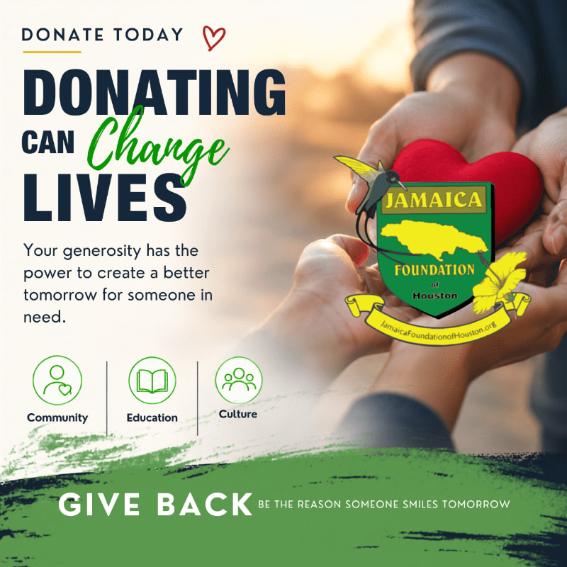 Hands hold a red heart and the Jamaica Foundation Houston logo against a blurred background of people and greenery, with text promoting donations.