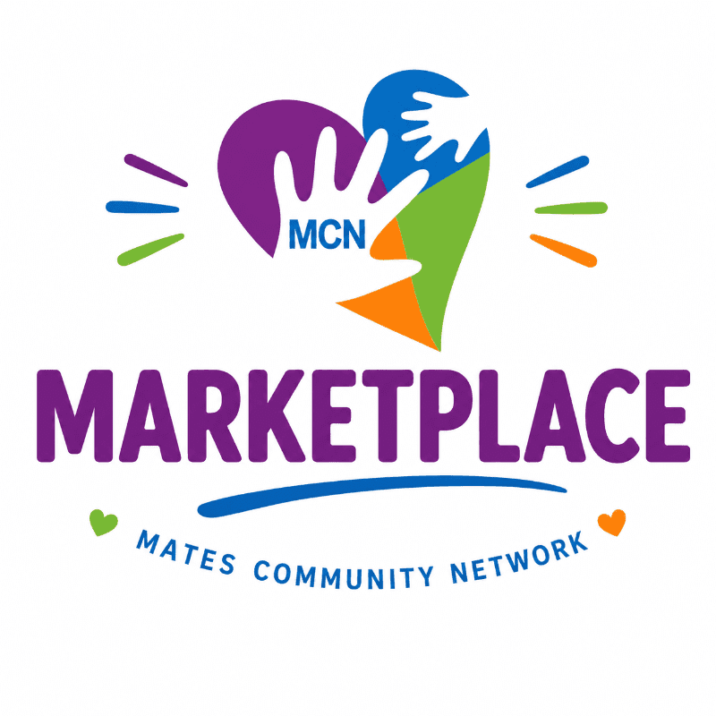 A colorful logo with the word "MARKETPLACE" in large letters in the foreground, and a heart shape with hands reaching out to each other and "MCN MATES COMMUNITY NETWORK" in the background.