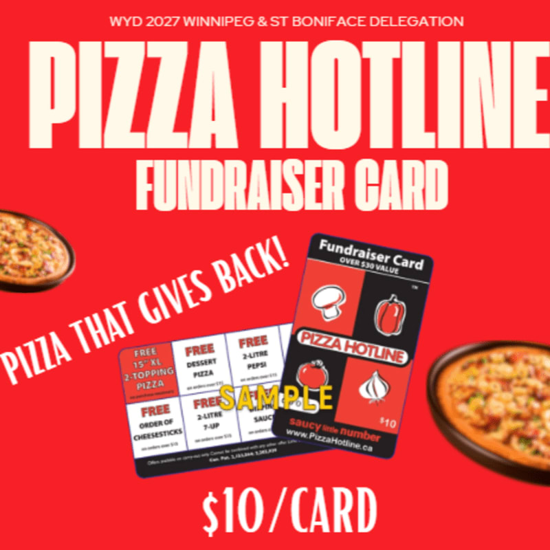 Two pizzas frame a fundraiser card offering free pizza and sides, all on a red background with bold text announcing "PIZZA HOTLINE FUNDRAISER CARD."