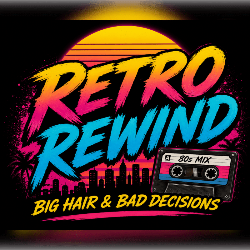 A vibrant 80s-themed graphic features the words "RETRO REWIND" in bold, colorful lettering over a silhouetted cityscape and palm trees, with a cassette tape labeled "80s MIX" in the foreground.