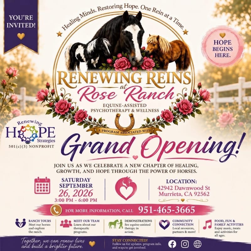 A grand opening invitation for "Renewing Reins at Rose Ranch" features horses in the foreground against a soft-focus background of trees and a fence.