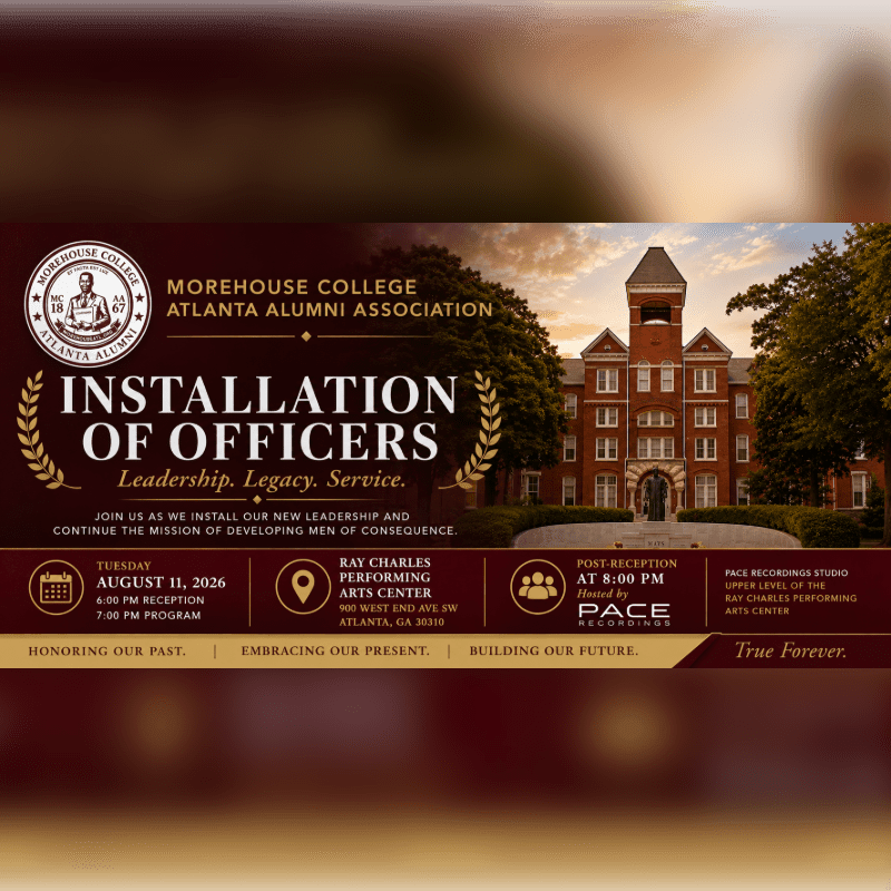 A formal invitation for the Morehouse College Atlanta Alumni Association's Installation of Officers ceremony is displayed against a backdrop of a historic brick building with a clock tower.