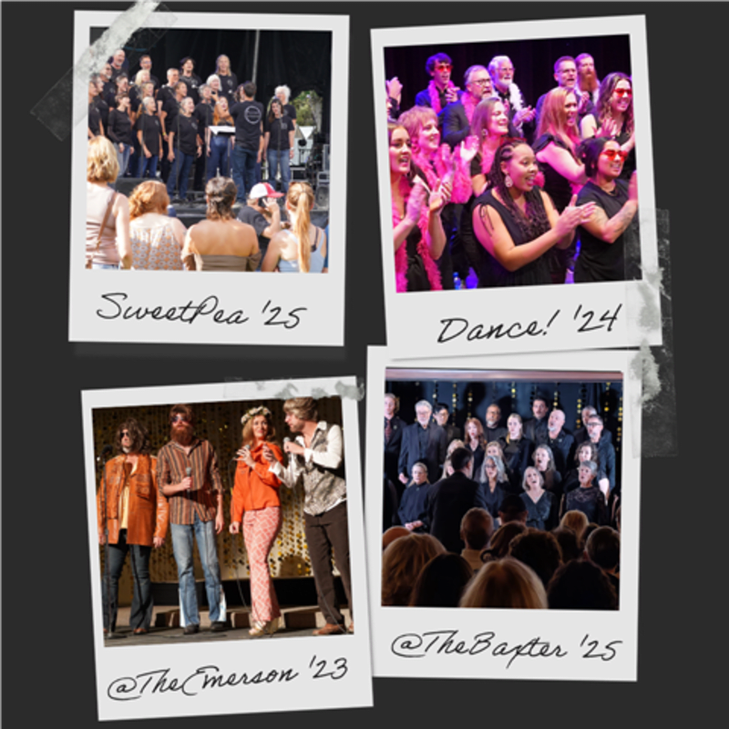 Four framed photos show groups of people performing on stage, with the foreground of each photo featuring a different ensemble and the background showing stage lighting and curtains.
